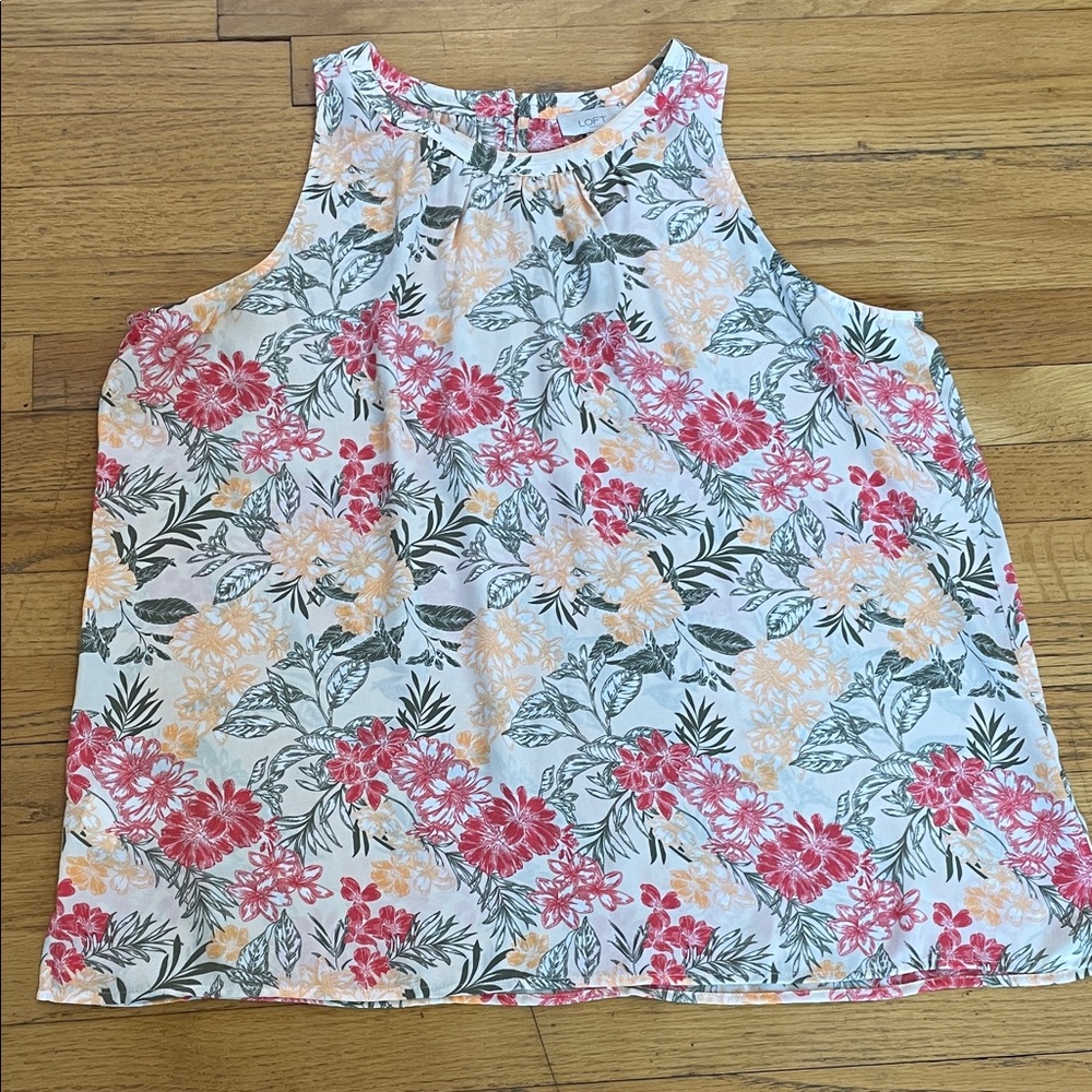 LOFT Outlet White Sleeveless Top with Pink & Peach Floral Print